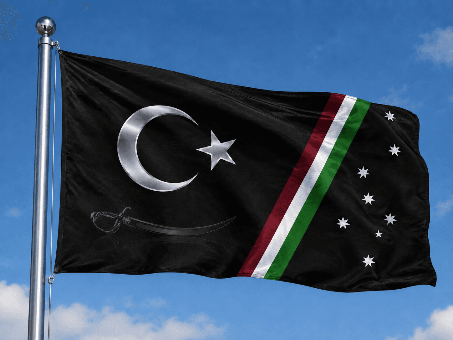 The Bale Arsi identity banner, showing the crescent, star, curved sword, diagonal bands, and constellation
